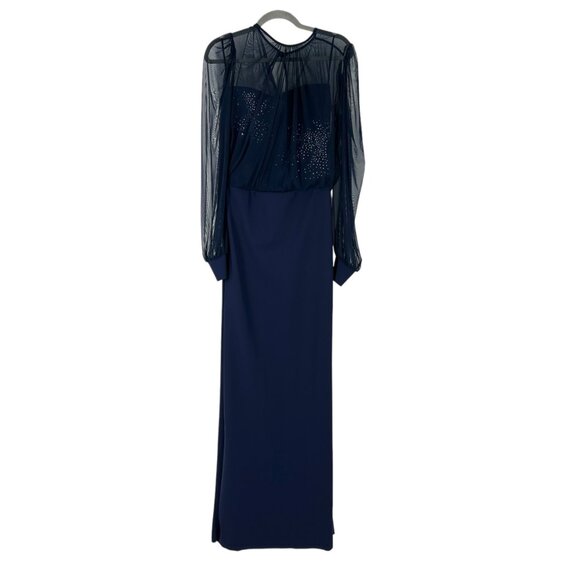 Chiara Boni La Petite Robe Navy Rhinestone-Embellished Illusion Column Gown - Picture 3 of 14